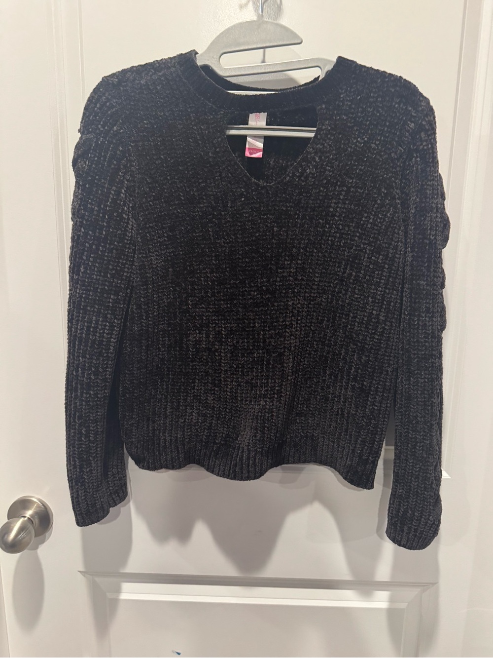 Chenille Bubble Sleeve Crewneck Sweater - Black